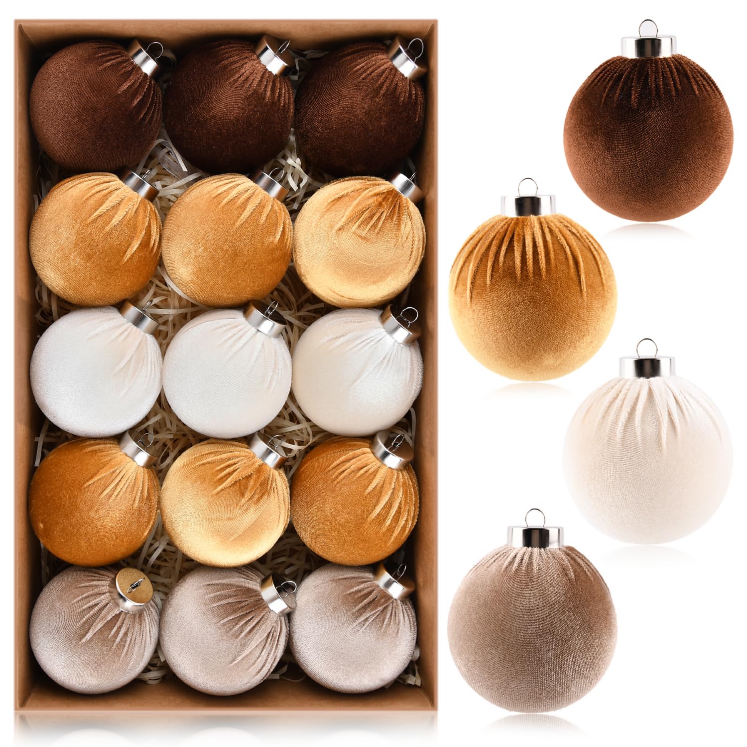 Brown Velvet Christmas Tree Ornaments - 15pcs Shatterproof Christmas Balls for Xmas Trees Decorations - Multicolor Brown Neutral Beige, 80mm 3.15inch